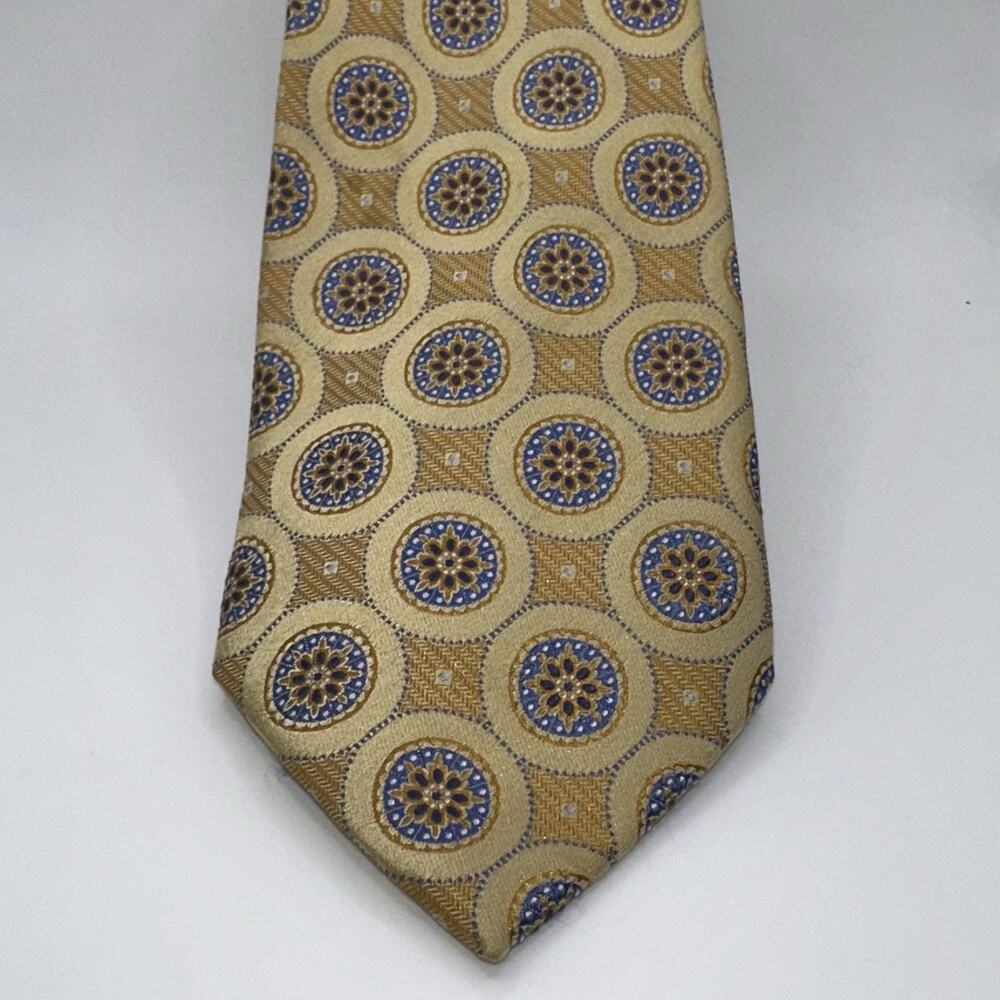 Langel & Woods Clothiers Gold Blue Medallion 100% Silk Handmade Tie XL 66” 3.5”